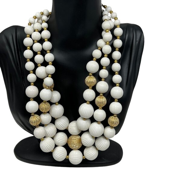 Vintage Beaded Necklace Multi Strand White Gold Striated Beads - Picture 1 of 11